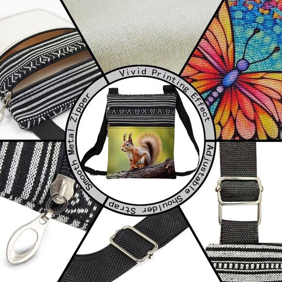 Squirrel Crossbody Bag Ethnic Pattern Small Wallet Phone Case Adjustable Strap - Picture 6 of 7
